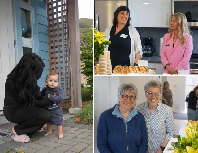 Left: a mom holding her baby; Top right: from left to right - Aunt Leah's Executive Director, Sarah Stewart, & Aunt Leah's Properties Executive Director, Jacqueline Dupuis; Bottom right: Supporters of She Thrives and the new laneway house opening